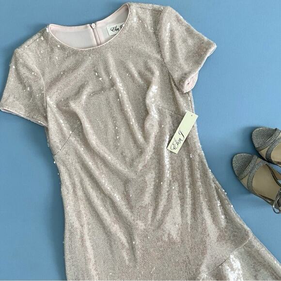 NWT Eliza J Sequin Neutral Blush Ruffled A-Line Asymmetric Ruffle Hem Dress - Picture 5 of 8